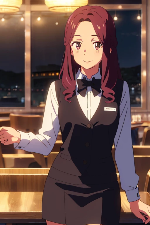 shinkai makoto, kimi no na wa., 1girl, light maroon hair, long curly hair,two strands framing her face, two strands of hair framing her face, forehead, Brown eyes, pink lips, medium breast, smile :), waitress outfit, white long sleeves, black buttoned vest, black bowtie, black knee-length skirt, cowboy shot, cute, indoors, restaurant, night,