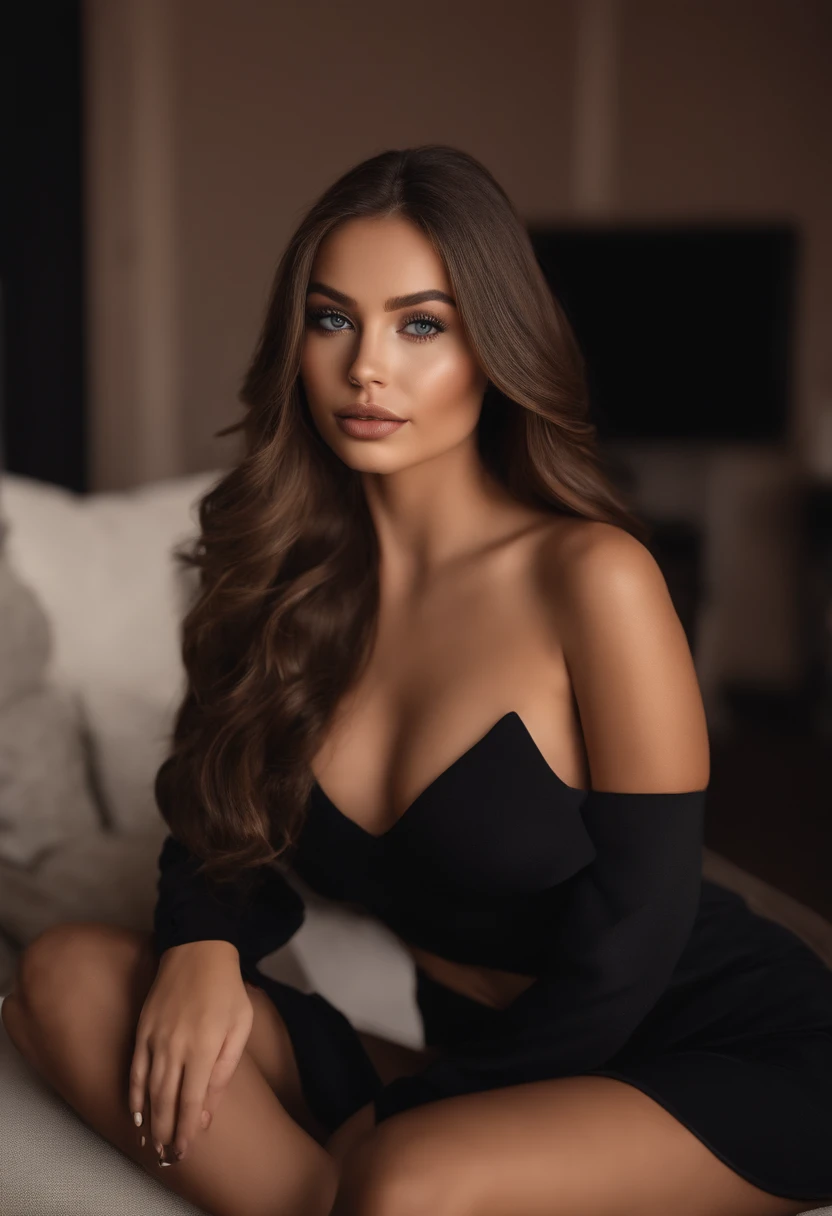 Latino and Swedish Woman, sexy girl with blue eyes, ultra realist, Meticulously detailed, Portrait Sophie Mudd, brown hair and big eyes, selfie of a young woman, club background, black suite, with makeup, natural makeup, looking straight at camera , Face with Artgram, Subtle makeup, Great photo of the whole body kneeling on the couch, in the room, Medium to large bust, in a sexy black bikini outfit, standing on the room