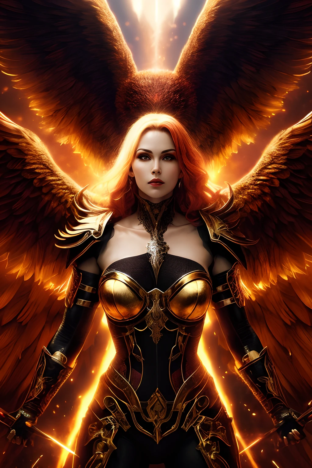 An unreal space where stars spin in the air. A goddess of death, ruby gemstone eyes, empty expression, cold eyes, standing on a rippled mirrored surface. Multiple wings with gold ornaments, dress gradient from red to black. Looking up. Reflection. Overhead viewpoint. Torn up dress and torn up cloak. Long and flowing blood red hair.