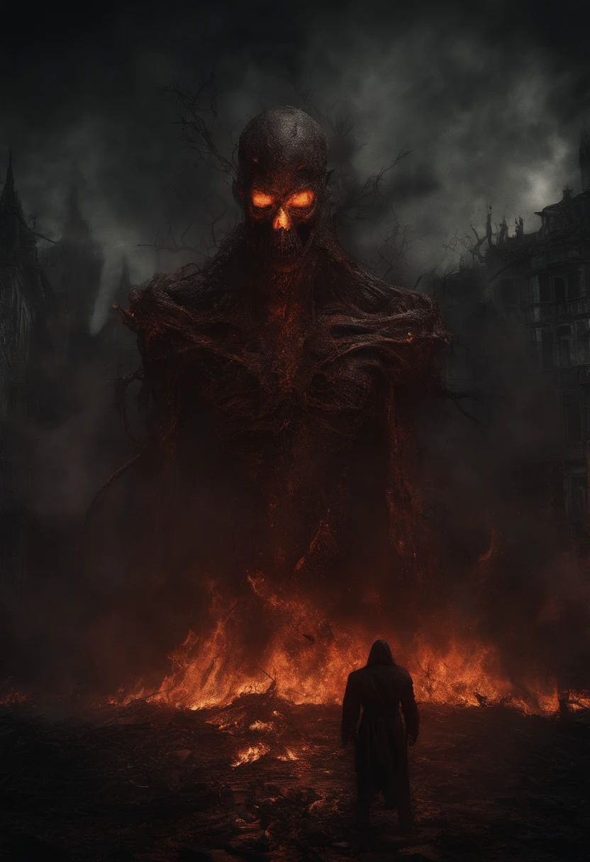 (best quality,4k,8k,highres,masterpiece:1.2),ultra-detailed,(realistic,photorealistic,photo-realistic:1.37),hellish plane,demon of fire and fire elementals,consuming souls of the dead,blood-soaked surroundings,burning flames,ominous atmosphere,dark shadows,tortured souls,suffocating heat,intense red and orange colors,fiery aura,smoke and ashes,writhing figures,malevolent eyes.