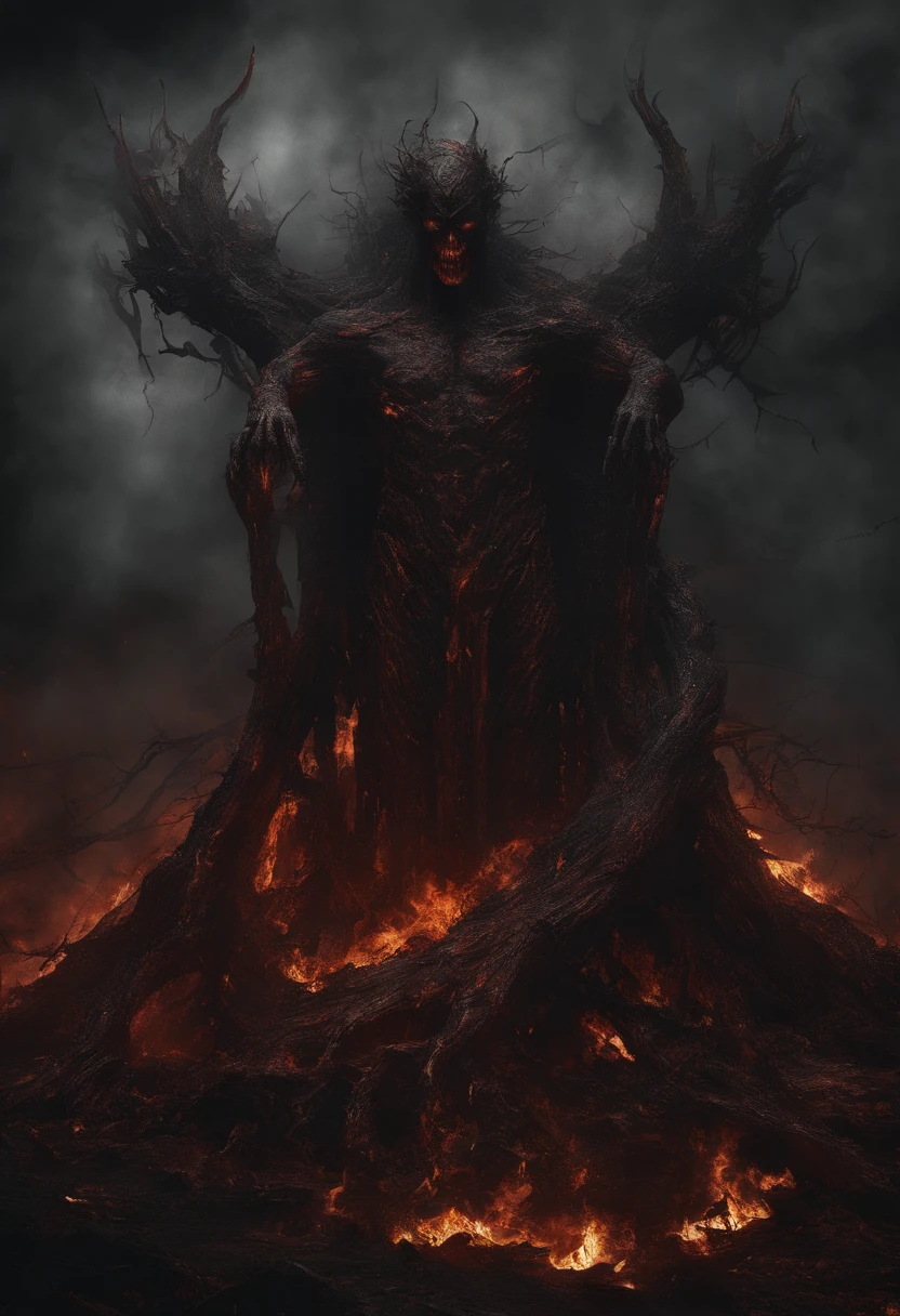 (best quality,4k,8k,highres,masterpiece:1.2),ultra-detailed,(realistic,photorealistic,photo-realistic:1.37),hellish plane,demon of fire and fire elementals,consuming souls of the dead,blood-soaked surroundings,burning flames,ominous atmosphere,dark shadows,tortured souls,suffocating heat,intense red and orange colors,fiery aura,smoke and ashes,writhing figures,malevolent eyes.
