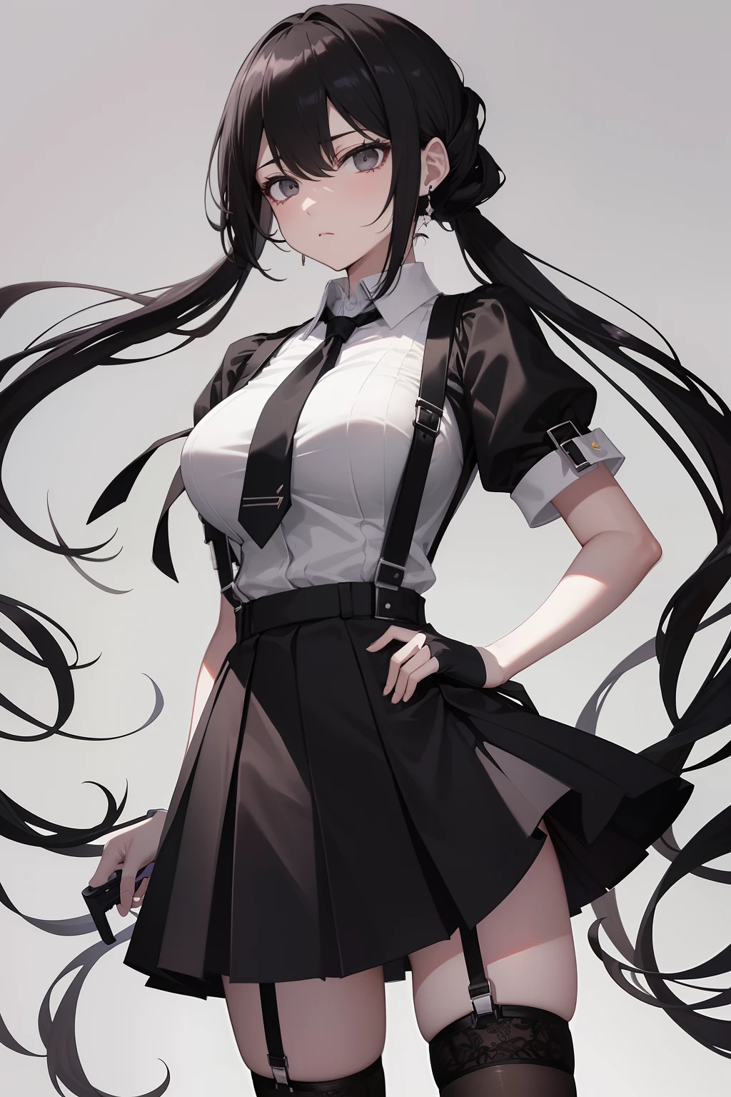 ((masterpiece, best_quality)), 1girl, (photorealistic:1.4),  solo, white_background, black_hair, long_hair,   zettai_ryouiki, skirt, ((full_body)),