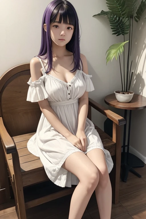 Fern is women. Her height is 170cm and BMI is 27.5. Her hair is long with straight bangs. Her hair is violet. Fern is sitting on the wood chair. She is wearing a  white long summer dress. Her clothes are disheveled, exposing one nipple and one thigh.