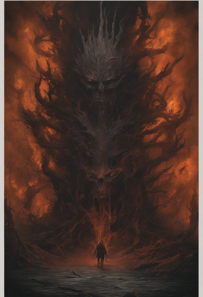 (best quality,4k,8k,highres,masterpiece:1.2),ultra-detailed,(realistic,photorealistic,photo-realistic:1.37),hellish plane,demon of fire and fire elementals,consuming souls of the dead,blood-soaked surroundings,burning flames,ominous atmosphere,dark shadows,tortured souls,suffocating heat,intense red and orange colors,fiery aura,smoke and ashes,writhing figures,malevolent eyes.