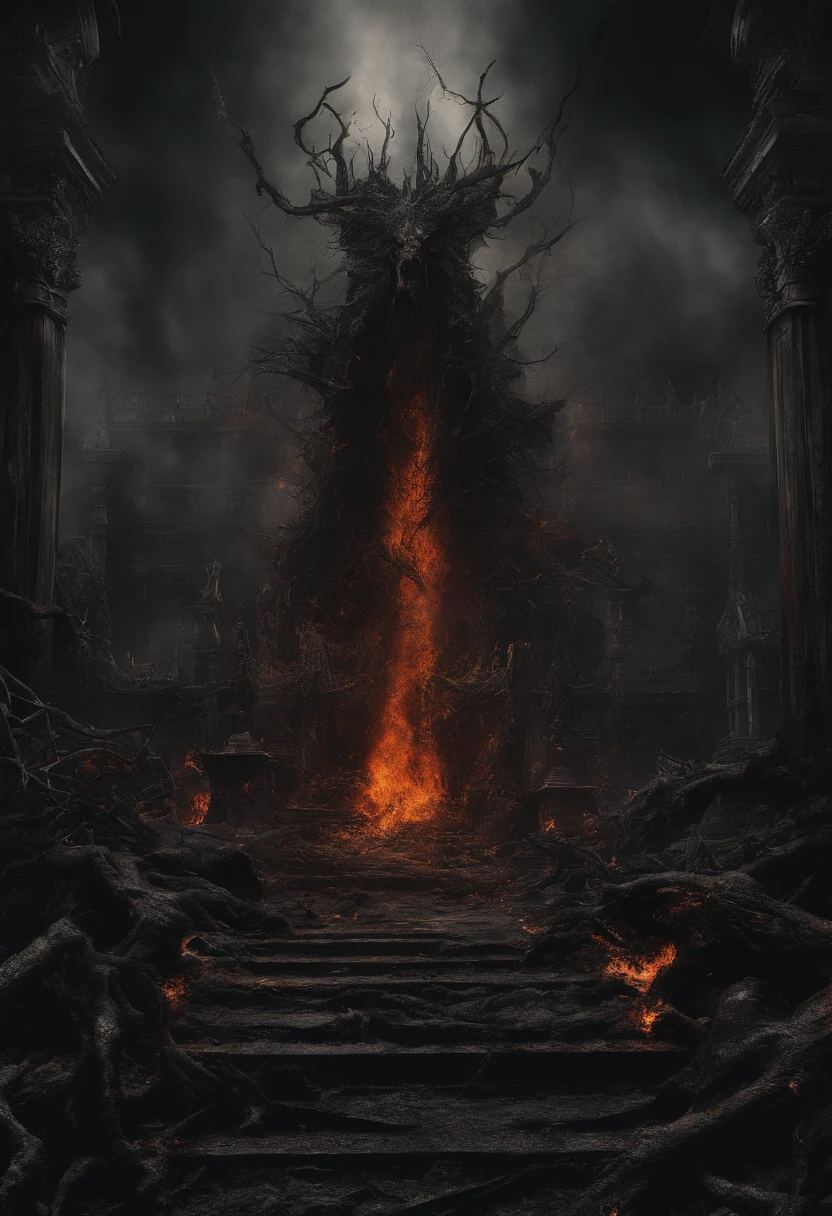 (best quality,4k,8k,highres,masterpiece:1.2),ultra-detailed,(realistic,photorealistic,photo-realistic:1.37),hellish plane,demon of fire and fire elementals,consuming souls of the dead,blood-soaked surroundings,burning flames,ominous atmosphere,dark shadows,tortured souls,suffocating heat,intense red and orange colors,fiery aura,smoke and ashes,writhing figures,malevolent eyes.