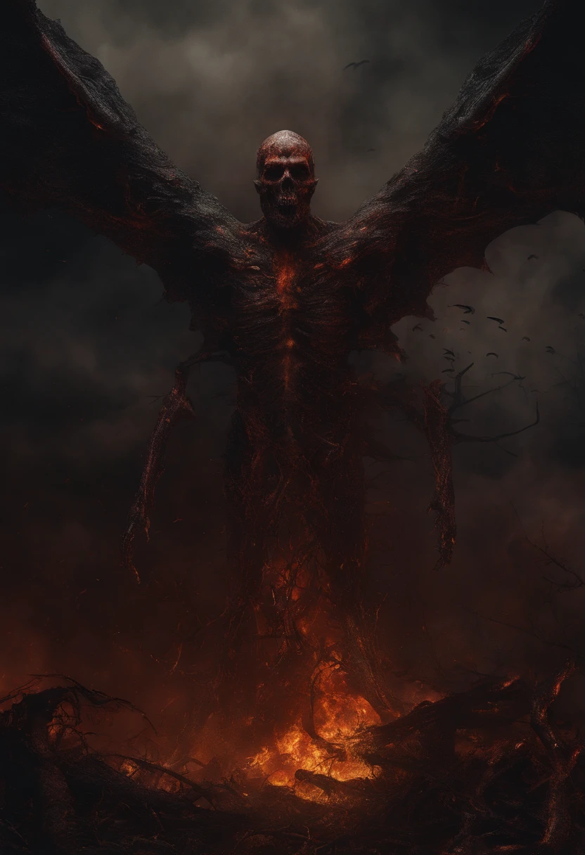 (best quality,4k,8k,highres,masterpiece:1.2),ultra-detailed,(realistic,photorealistic,photo-realistic:1.37),hellish plane,demon of fire and fire elementals,consuming souls of the dead,blood-soaked surroundings,burning flames,ominous atmosphere,dark shadows,tortured souls,suffocating heat,intense red and orange colors,fiery aura,smoke and ashes,writhing figures,malevolent eyes.