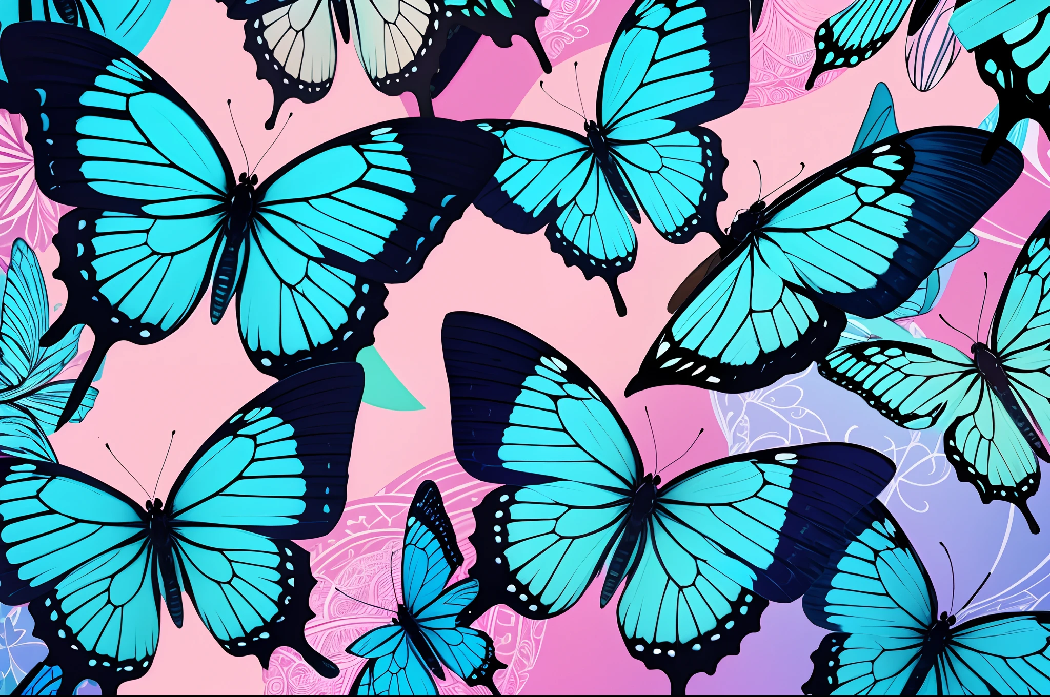 Brazilian giant butterflies in blue shades, flying in front an abstract pattern of lines in pastel tones. Highly detailed.