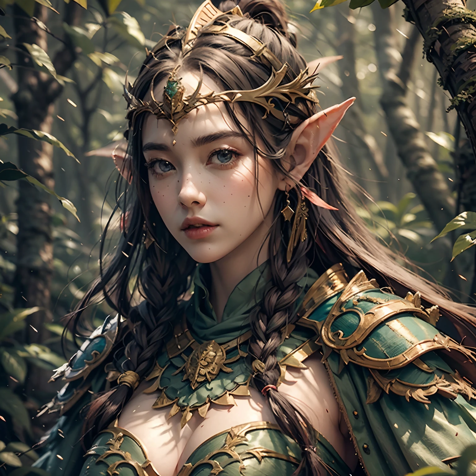 beautiful forest elf, pretty face, nice body, black hair, wearing armor, green cape, in a forest, 8k, extremely detailed, ultra realistic --auto --s2