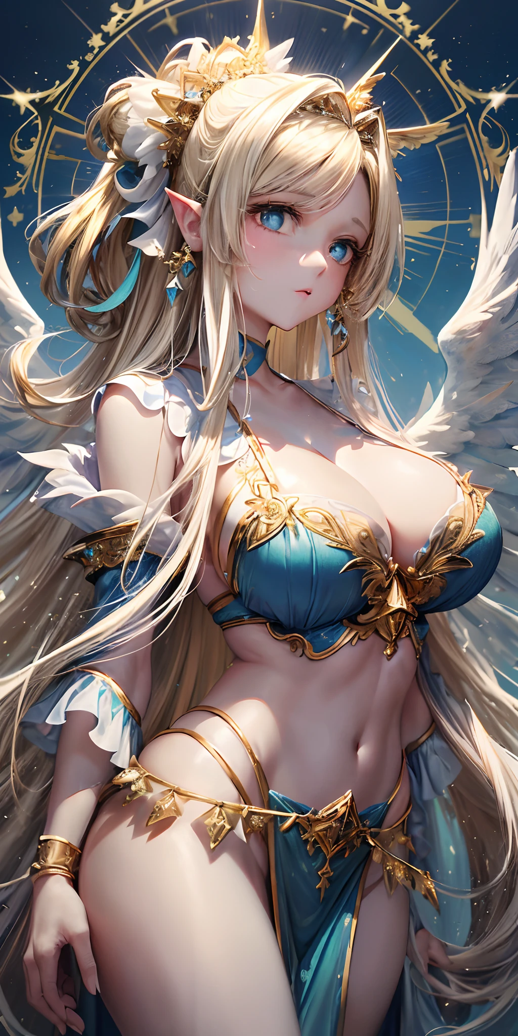 best quality, ((blue sky background)), goddess of light, gods, (big wings of angels on the back), hairstyle long straight, hair to waist length, ((hair not tied)), (shiny blonde), eye color is green green, rounded face, (((bright expression)), large breasts: 0.85, chubby: 0.90, (((white fantasy robe)), gold decorations are on clothes,