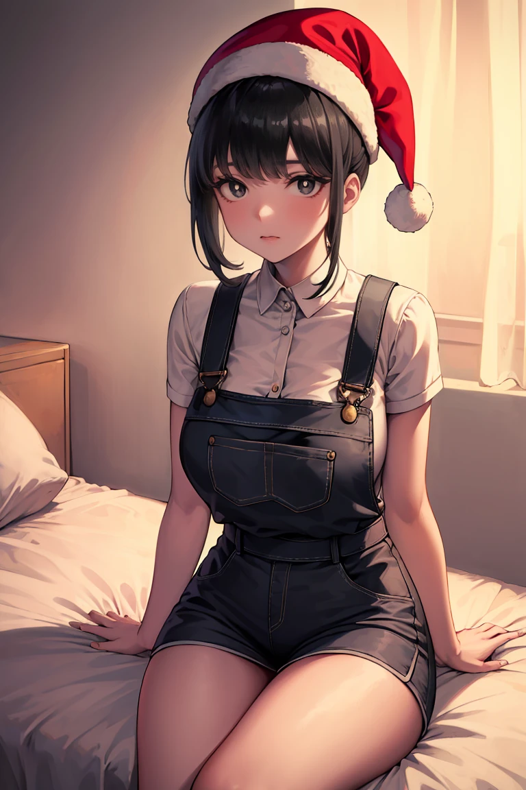 (master piece: 1.1), (yorugf), 1girl, solo focus, intricate details, black hair, ponytail, sidelocks, (black eyes), (bright pupils), red costume, thick thighs, wide hips, curious, looking at viewer, christmas overalls, ((christmas clothes, wearing red hat on his head)), short and dynamic hair, detailed bedroom, hard lighting, blur_background, above view, sitting on bed, arm support, indoors, apartment,