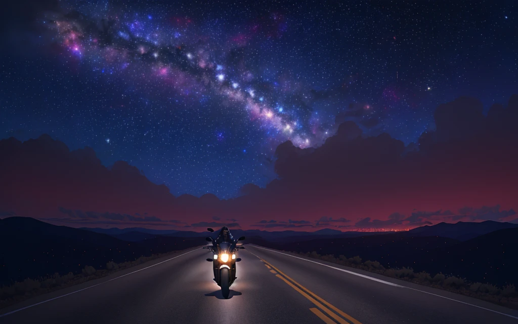 Motorcycle riding on the endless road in the endless and beautiful galaxy full of nebulae and stars