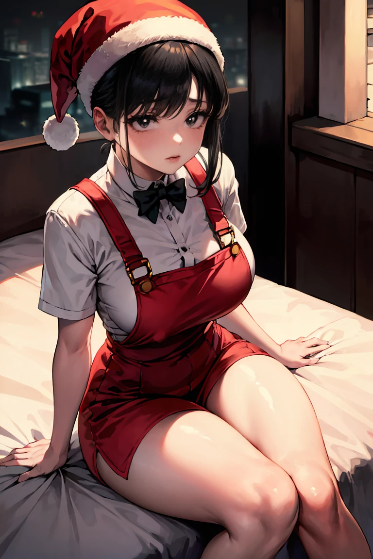 (master piece: 1.1), (yorugf), 1girl, solo focus, intricate details, black hair, ponytail, sidelocks, (black eyes), (bright pupils), red dress, thick thighs, wide hips, curious, looking at viewer, christmas overalls, ((christmas clothes, wearing red hat on his head)), short and dynamic hair, detailed bedroom, hard lighting, blur_background, above view, sitting on bed, arm support, indoors, apartment,