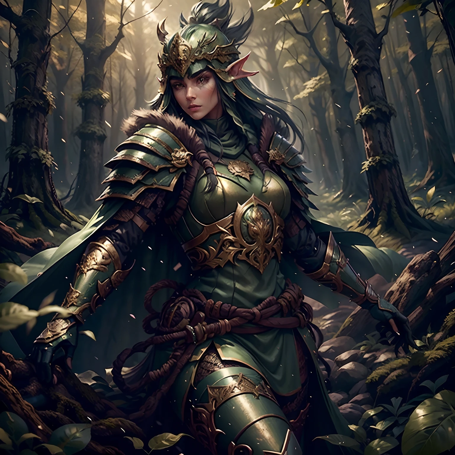 beautiful forest elf, pretty face, nice body, black hair, wearing armor, green cape, in a forest, 8k, extremely detailed, ultra realistic