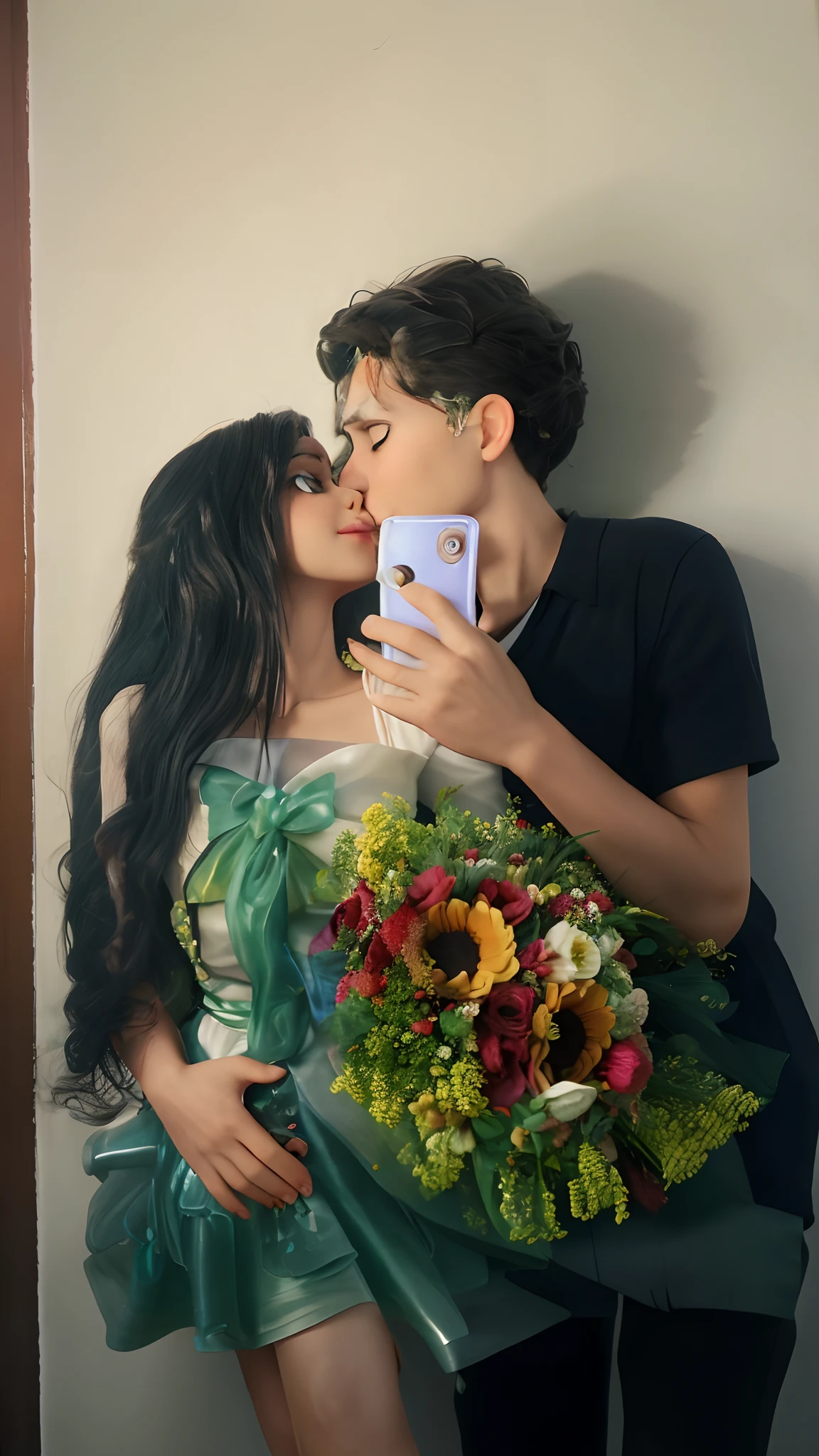 They're kissing while holding a bouquet of flowers, com flores, beijando juntos fofos, casal se beijando, Foto de perfil, they are in love, 😭🤮 💔, Segurando flores, Lovely couple, foto do instagram, selfie apaixonada, by Amelia Peláez, beijos juntos, romantic couple, pose de casal, Amando, Malika Favre, by John Luke