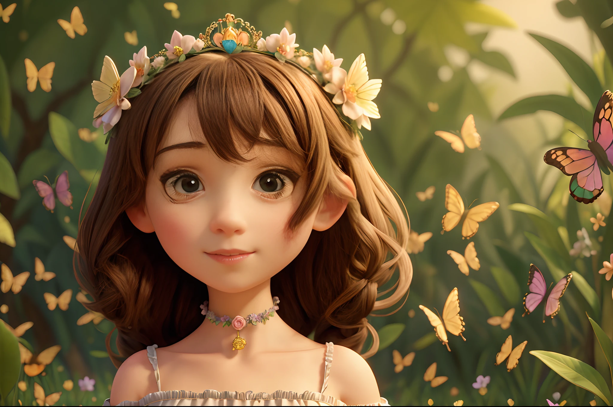 Girl with a floral tiara, surrounded by a swarm of butterflies, highly detailed, image inpired by Alfons Mucha.