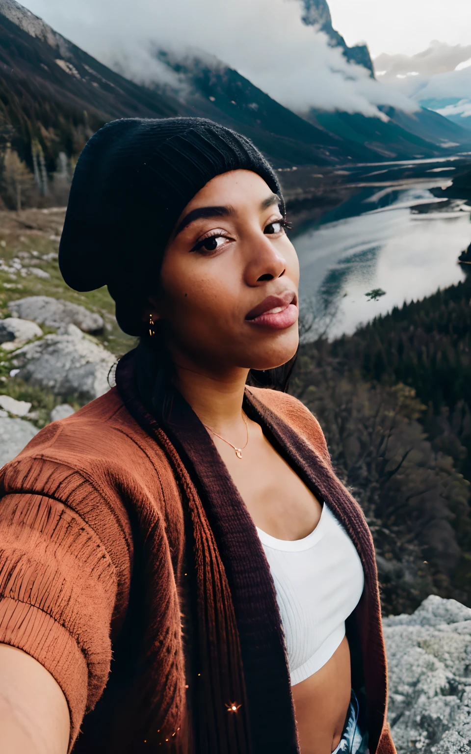 photorealistic, best quality, hyper detailed, beautiful black woman, selfie photo, upper body, solo, wearing cardigan, outdoors, (night), mountains, real life nature, stars, moon, (cheerful, happy), sleeping bag, gloves, sweater, beanie, flashlight, forest, rocks, river, wood, smoke, fog, clear sky, analog style, looking at viewer, skin texture, film grain, close up, ultra high res, best shadow, RAW, instagram LUT