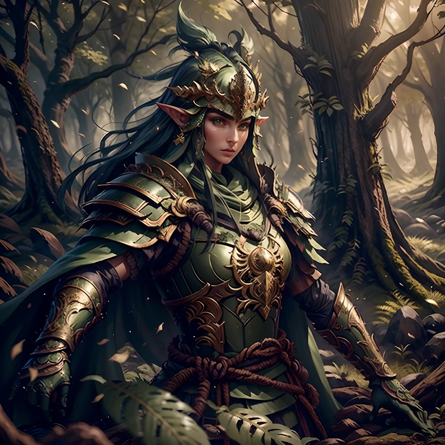 beautiful forest elf, pretty face, nice body, black hair, wearing armor, green cape, in a forest, 8k, extremely detailed, ultra realistic