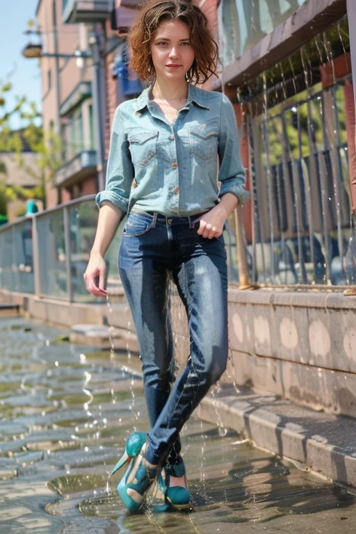 tall thin attractive European woman standing in office, (((light blue skinny jeans))), (mint green blouse), black belt, (white high heels), (((bright lighting))), (((show heels))), (short curly red hair), blue eyes, inviting smile, carnal, peeing her jeans, jeans wet with pee down the legs, pee, peeing, self wetting, wetting self, shoes wet with pee, shoes filled with pee, standing in puddle of pee, thighs wet with pee, (shins wet with pee), ((jeans are shiny wet with pee)), jeans legs wet with pee, front pockets wet with pee, (pee following folds on front of jeans), ((jeans legs really soaked in pee)), pee spreading down legs, pee spreading on shins, ((pee stains are dark blue)), ((jeans soaked in piss below the knee))