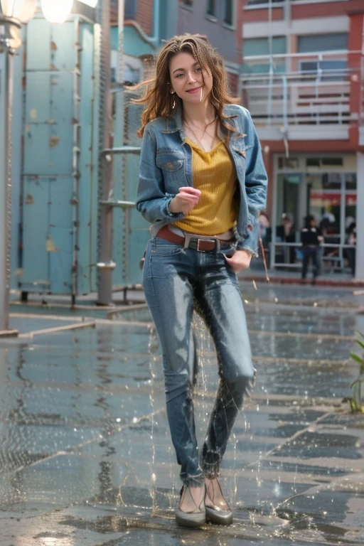 tall thin attractive European woman standing in office, (((light blue skinny jeans))), (mint green blouse), black belt, (white high heels), (((bright lighting))), (((show heels))), (short curly red hair), blue eyes, inviting smile, carnal, peeing her jeans, jeans wet with pee down the legs, pee, peeing, self wetting, wetting self, shoes wet with pee, shoes filled with pee, standing in puddle of pee, thighs wet with pee, (shins wet with pee), ((jeans are shiny wet with pee)), jeans legs wet with pee, front pockets wet with pee, (pee following folds on front of jeans), ((jeans legs really soaked in pee)), pee spreading down legs, pee spreading on shins, ((pee stains are dark blue)), ((jeans soaked in piss below the knee))