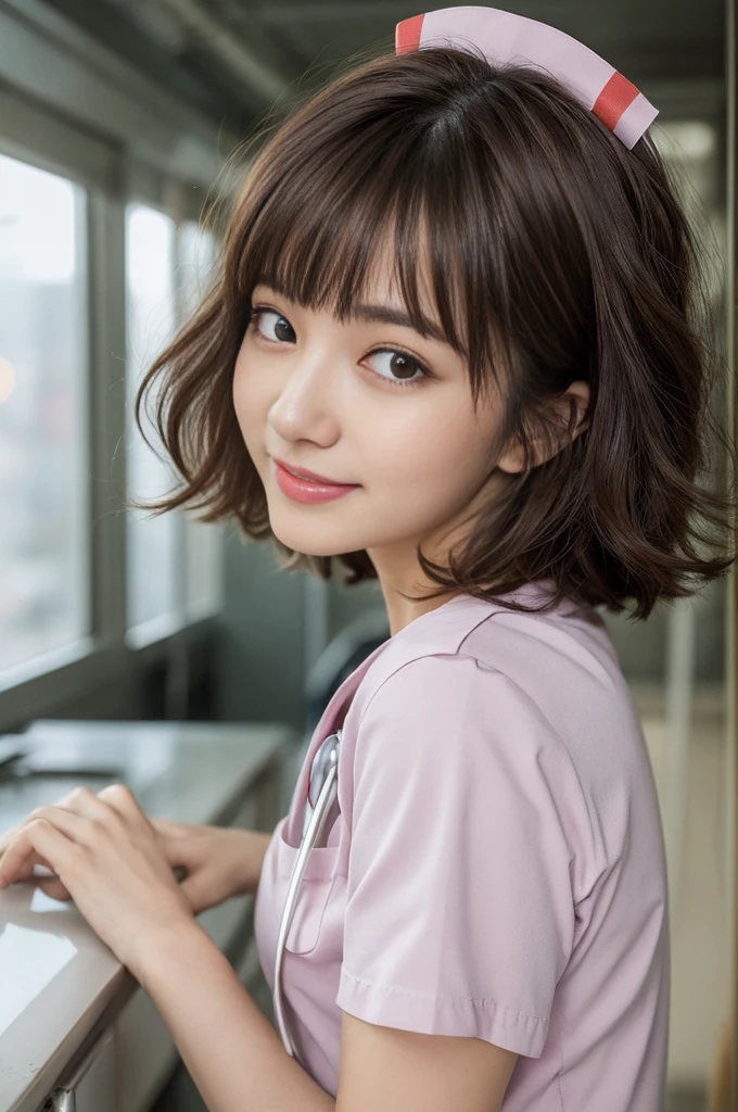 (8K、Raw photography、top-quality、masuter piece:1.2)、ultra-detailliert、ultra res、(realisitic、rialistic photo:1.37)、portlate、high-definition RAW color photography、Professional Photography、highly detailed and beautiful、ighly detailed、8K Picture Wallpaper、amazing detailed、huge filesize、Official art、Highly detailed CG Unity 8K wallpapers、highly detailed beautiful girl、extra detailed face、extremely detailed eye、highlydetailed skin、extremely detailed fingers、highly detailed nose、very detailed detailed mouth、Perfect Anatomy、highly detailed back ground、Highly detailed clothing、女の子 1 人、(18:1.2)、Teen、Cute little girl s、famous Japan idol、cute little、Realistic body、小柄、de pele branca、glistning skin、Slim body、Handsome body、brown haired、Short curly hair、(Blunt bangs:1.2)、A smile、kawaii、zora々Right、kawaii faces、Lifelike face、Delicat eyes、Sauce order、White shirt、skirt by the、耳环、Looking at the camera、cowboy  shot、front facing、Contrapo, high street,  动态照明,((((White nurse))))、hospitals、Hospital Room
