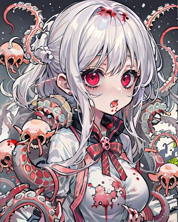 Winters，snowfield，the night，zombified，Big breasts ，whaite hair，Lori and tentacles become one，Zombie lolit tentacles out of your mouth，blood in face，Infect humans，White color hair，Cute loli，Nibon raw meat