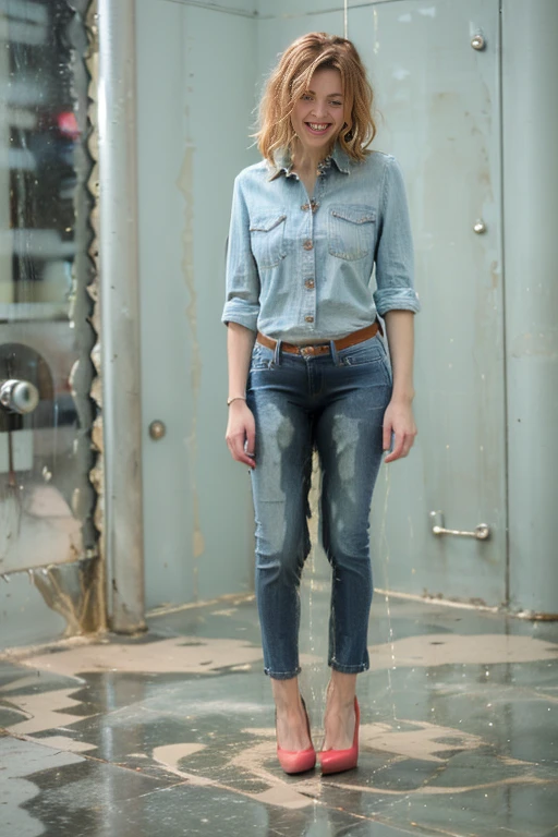 tall thin attractive European woman standing in a shower, (((light blue skinny jeans))), (mint green blouse), black belt, (white high heels), (((bright lighting))), (((show heels))), (short curly red hair), blue eyes, inviting smile, carnal, peeing her jeans, jeans wet with pee down the legs, pee, peeing, self wetting, wetting self, shoes wet with pee, shoes filled with pee, standing in puddle of pee, thighs wet with pee, (shins wet with pee), ((jeans are shiny wet with pee)), jeans legs wet with pee, front pockets wet with pee, (pee following folds on front of jeans), ((jeans legs really soaked in pee)), pee spreading down legs, pee spreading on shins, ((pee stains are dark blue)), ((jeans soaked in piss below the knee))