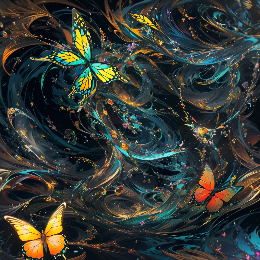 (best quality,highres:1.2),(a butterfly in the center)ultra-detailed, vibrant colors,abstract art,serene lighting,electric neon elements,fluid motion,wings,morphing patterns,contrast in textures,ethereal surrealism,harmonious composition,individuality,rhythm and harmony,intricate details,butterfly motifs,exploding colors,dynamic energy,mesmerizing patterns,interplay of light and shadows,evocative aesthetics,obscure complexity,floating forms,transcendent beauty,fractal geometry,transformation,emerging from darkness,abstract expressionism,emotional resonance,radiant glow,mesmerizing movement,dreamlike atmosphere