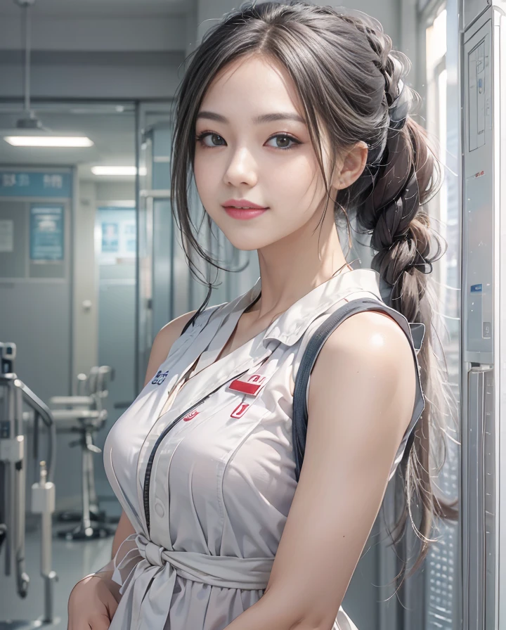 masutepiece、hight resolution、Nurse、30-year-old girl、Looking at the camera、smil、Finish as shown in the photo、the skin is white and beautiful、Hair should be tied back、The background is a hospital room、Beautiful standing figure、