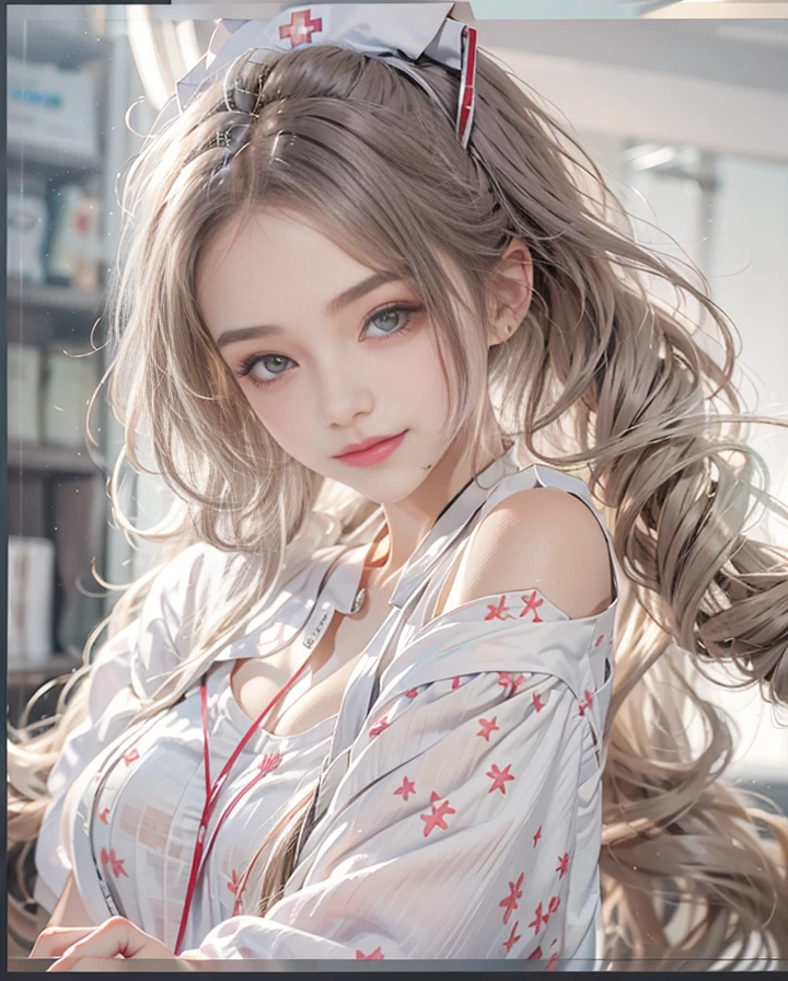 masutepiece、hight resolution、Nurse、30-year-old girl、Looking at the camera、smil、Finish as shown in the photo、the skin is white and beautiful、Hair should be tied back、The background is a hospital room、Beautiful standing figure、