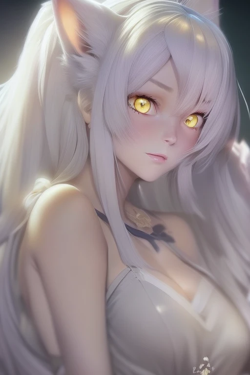 Anime White Cat Eared Woman,yellow  eyes, nightgown,White hair,2D,Naughty 1 girl,Solo,1girl in,Solo,((Beautiful detailed eyes)), (Detailed light),deadpan,Looking back,depth of fields,Night