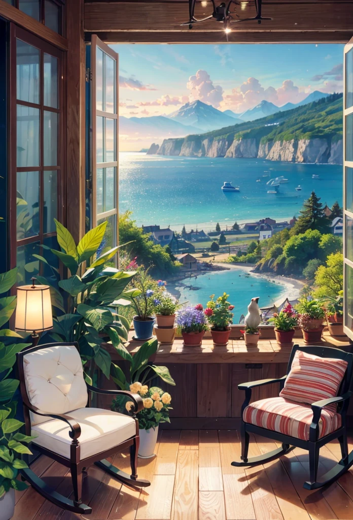 veranda, terraces, balconies, embankment, Huge, Potted plants, Flowers in a vase, human - shaped, rocking chair, birds, Cat, expensive and cozy interior, creative workshop, décor, Cozy artist's workshop, Easel, color palettes, acrylic paints, painterly, Large windows, loggia, Art Book, Awards, The table, sofa, armchairs, speculum, crystalline, A meditative, harmony, many books on the walls, View from the window, Sea, mountainscape,  amazing sunset, floral arrangements, paints, brushes, artist's theme, Graceful, dynamic bright lighting, Happiness, fulcolor, Multicolored, artificial, Highest detail, Super Quality, Fine details, highlight, neon light, masutepiece, best colors
