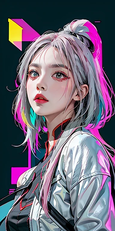lucy \(cyberpunk\), 1girl,  hair scrunchie, hime cut, silver hair, colored tips, full moon, grey eyes, jacket, long sleeves, looking at viewer, medium hair, multicolored hair, parted bangs, parted lips, pink hair, portrait, red eyeliner, red lips, solo, white jacket, cyberpunk \(series\), rainy night in a cyberpunk city with glowing neon lights