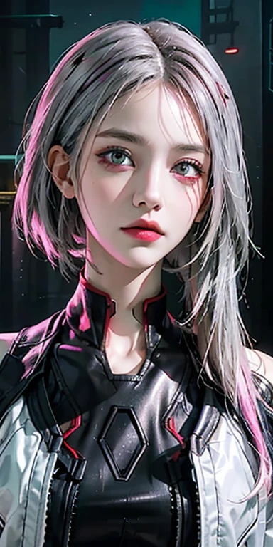 lucy \(cyberpunk\), 1girl, hair scrunchie, hime cut, silver hair, colored tips, full moon, grey eyes, jacket, long sleeves, looking at viewer, medium hair, multicolored hair, parted bangs, parted lips, pink hair, portrait, red eyeliner, red lips, solo, white jacket, cyberpunk \(series\), rainy night in a cyberpunk city with glowing neon lights