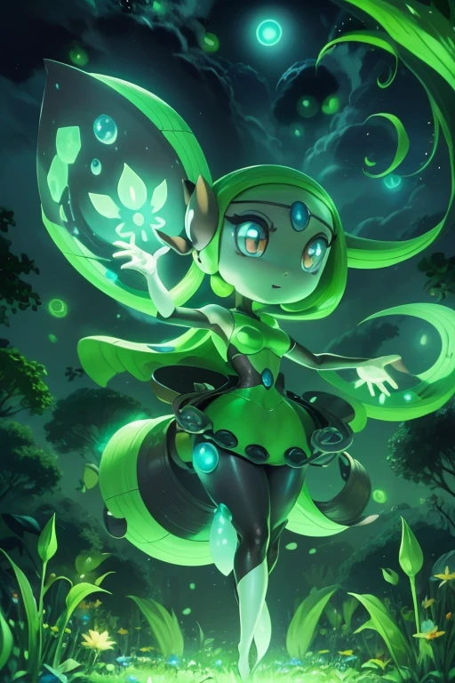 (pokemon), (Creature), (meloetta), (dancing), (garden at night), (mystical glowing)