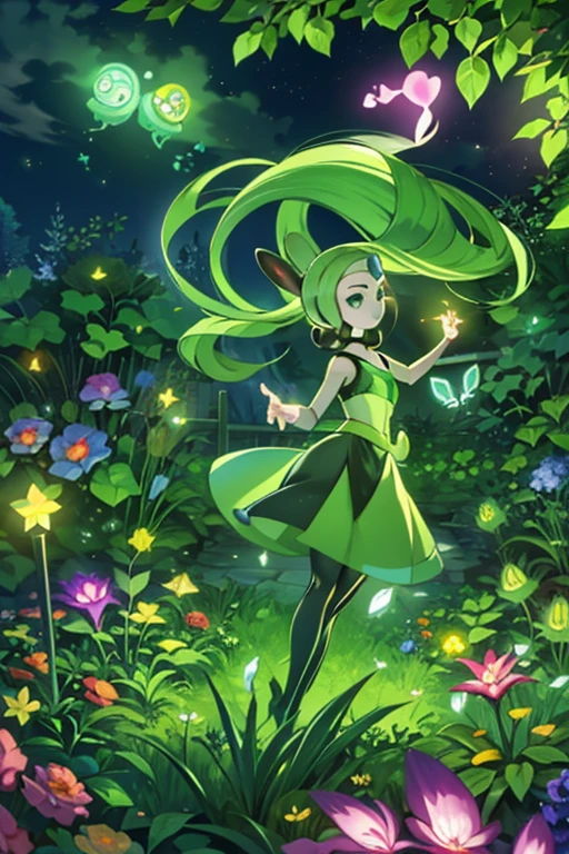 (pokemon), (Creature), (meloetta), (dancing), (garden at night), (mystical glowing)