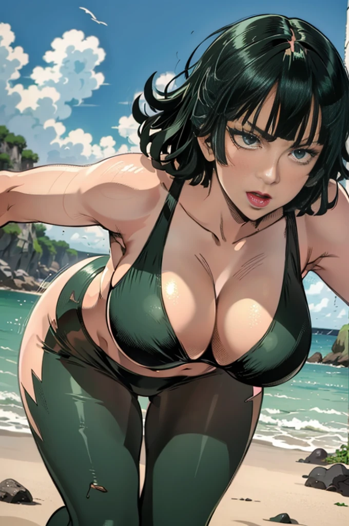 fubuki from one punch man, green eyes, short deep green hair, wearing black bikini, running on a beach, cinematic shadow, cinematic fog, crow's in the sky,matured face, blushing, joyful expression, dynamic pose, big breast, big hips, full body view head to feet, heels, big body, fat body, Detailed, masterpiece,realistic,beautiful eyes, shiny eyes,thick thighs, curvy physique, large breasts, blurry, blurry background, sexy pose, toned legs, fit, abs, athletic body,