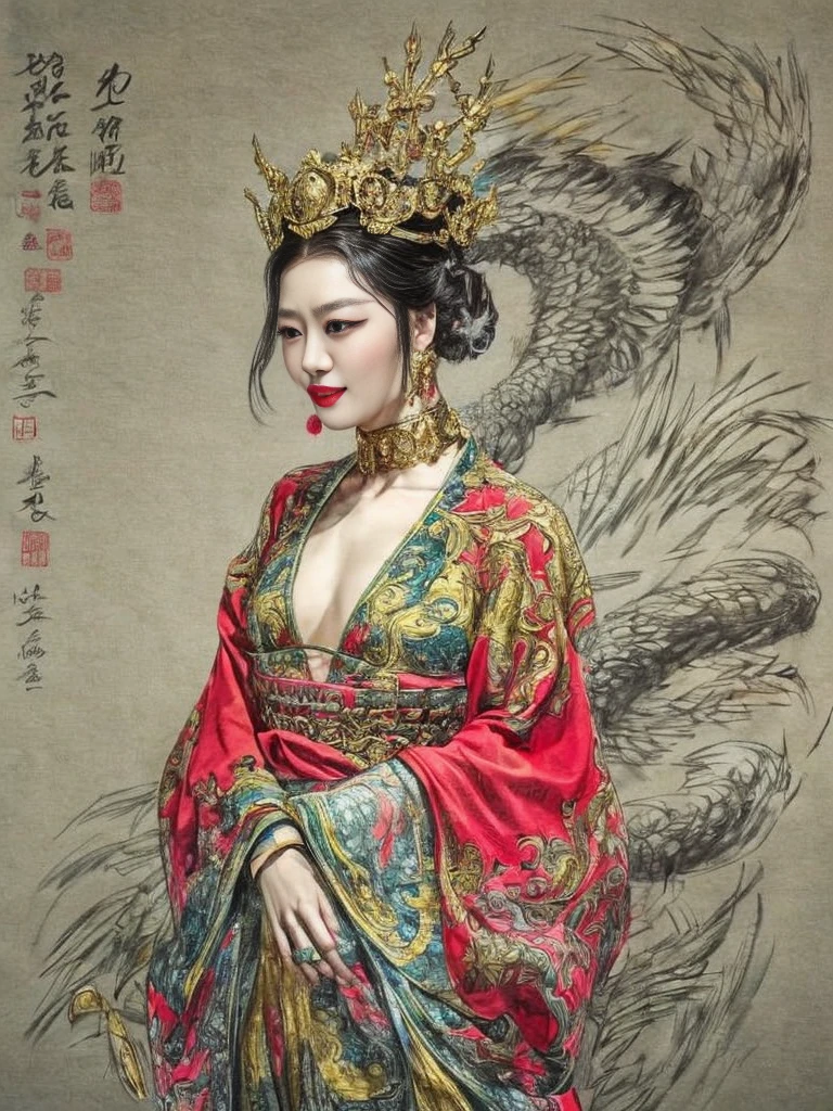 Sketch, Su Jun，(Charcoal strokes，Sketch Art Painting)，8K，RAW photos，best qualtiy，tmasterpiece，ultra - detailed，（The upper part of the body， a pencil sketch:1.5），（On stage，1girll，Peking Opera actresses stand on a red stage painted with golden dragon patterns，Wearing a red dress decorated with gold threads，The wide cuffs fluttered with her movements，Crown with golden armor，Decorated with colorful gemstones，Shining with a shimmer。A blue phoenix-patterned shawl draped over her shoulders，Mighty and gorgeous。The actor's face makeup is top-notch。There is a white base，Use a delicate brush to outline rich black brows and deep eyeliner，Set off her sharp gaze，The cheeks are painted bright red，Symbolizes enthusiasm and energy。Exaggerated red lipstick is applied to the lips）