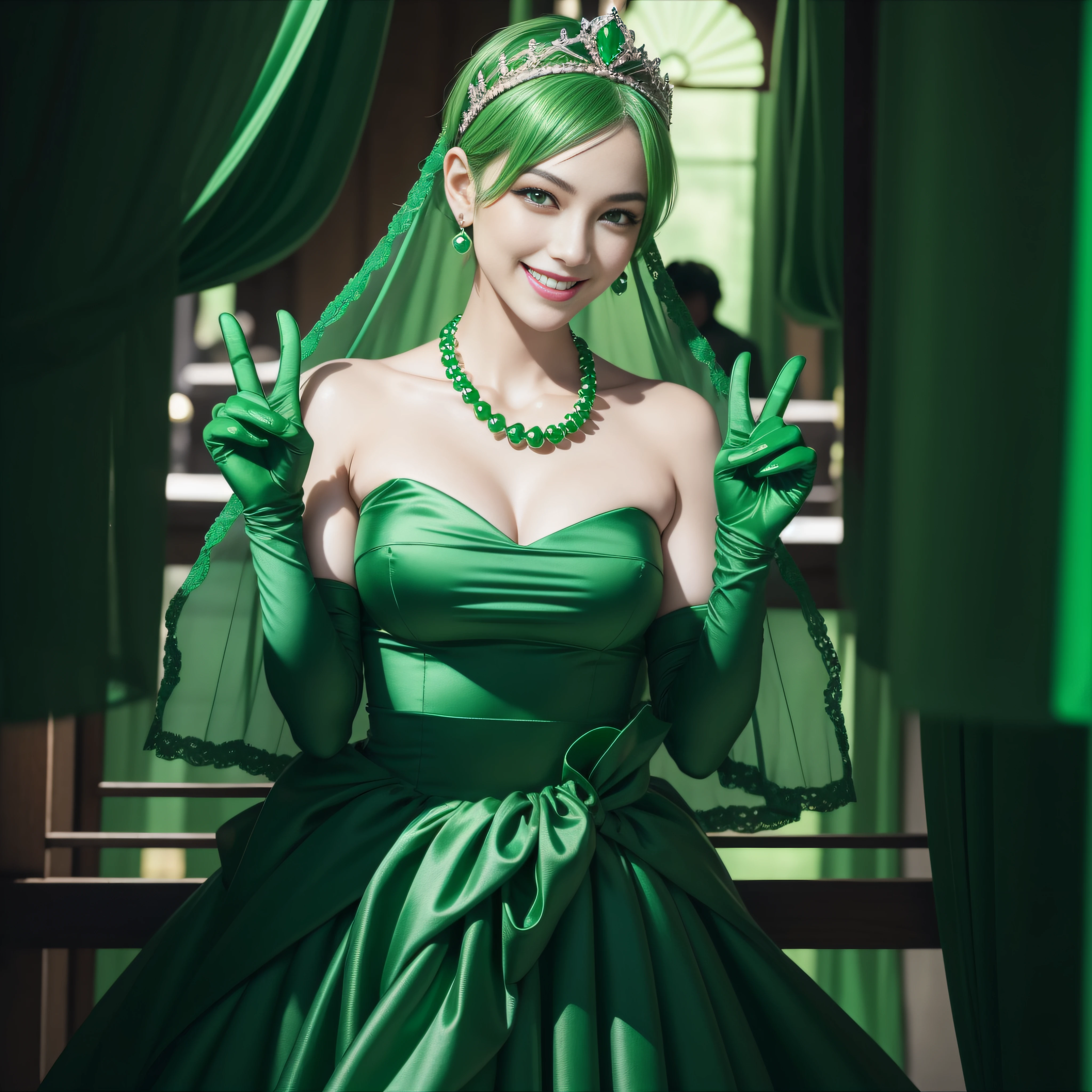 emerald tiara, green pearl necklace, boyish very short green hair, lipstick, smiling Japanese woman, very short hair, big breasts beautiful, green eyes, Long Green Satin Gloves, green eyes, V sign, emerald earrings, green veil, green lip gloss
