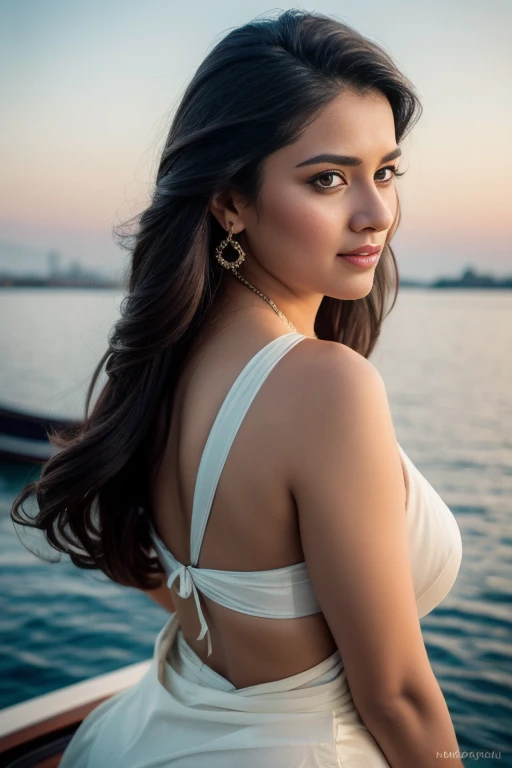 Portrait of A confident-looking indian woman with long flowing hair, hazel eyes, wearing silk saree, jewellery, c-cup breast sitting on boat, ocean background, bokeh perfect composition, hyperrealistic, super detailed, 8k, high quality, trending art, trending on artstation, sharp focus, street photo, intricate details, highly detailed, art by greg rutkowski shirt off