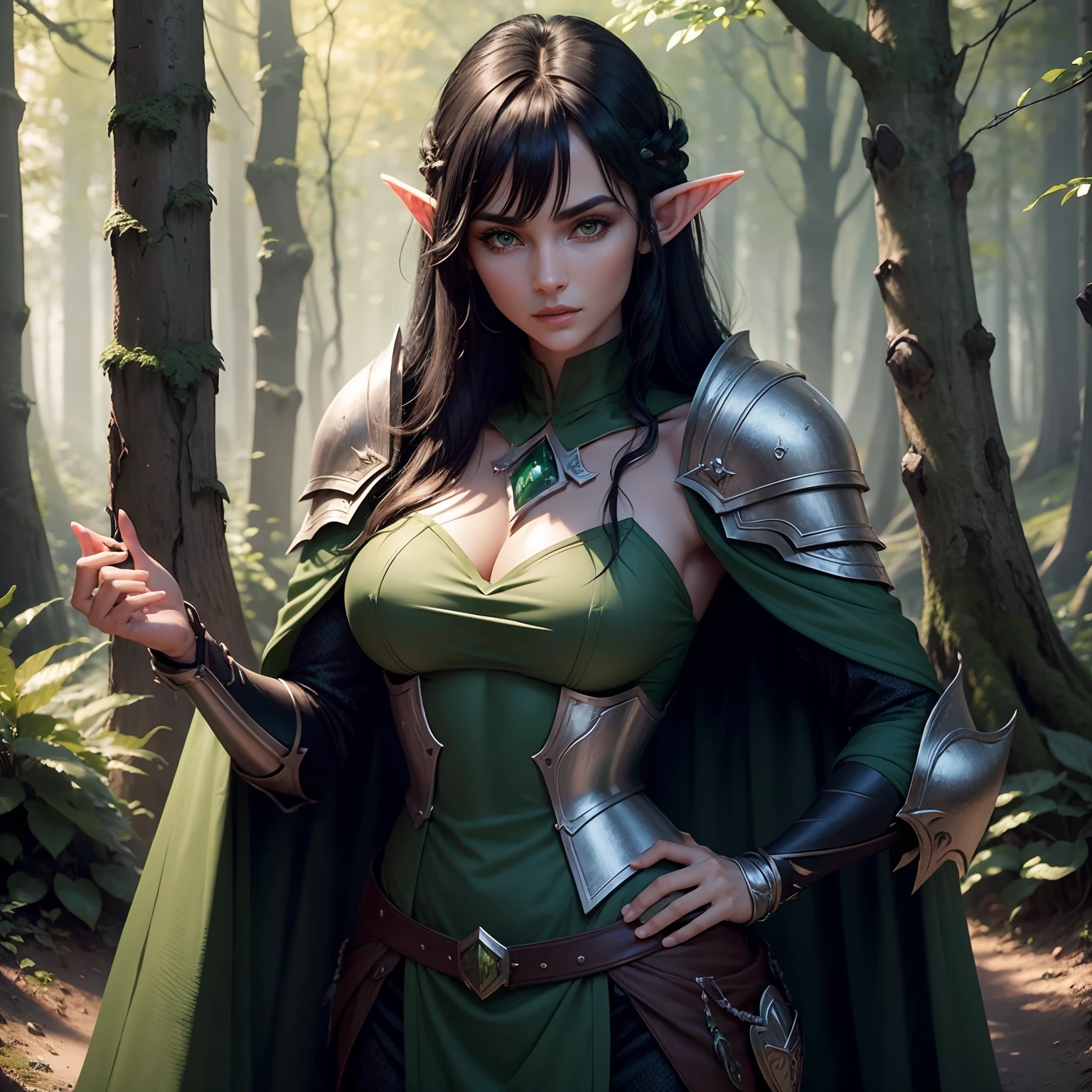 beautiful forest elf, pretty face, nice body, black hair, wearing armor, green cape, in a forest, 8k, extremely detailed, ultra realistic