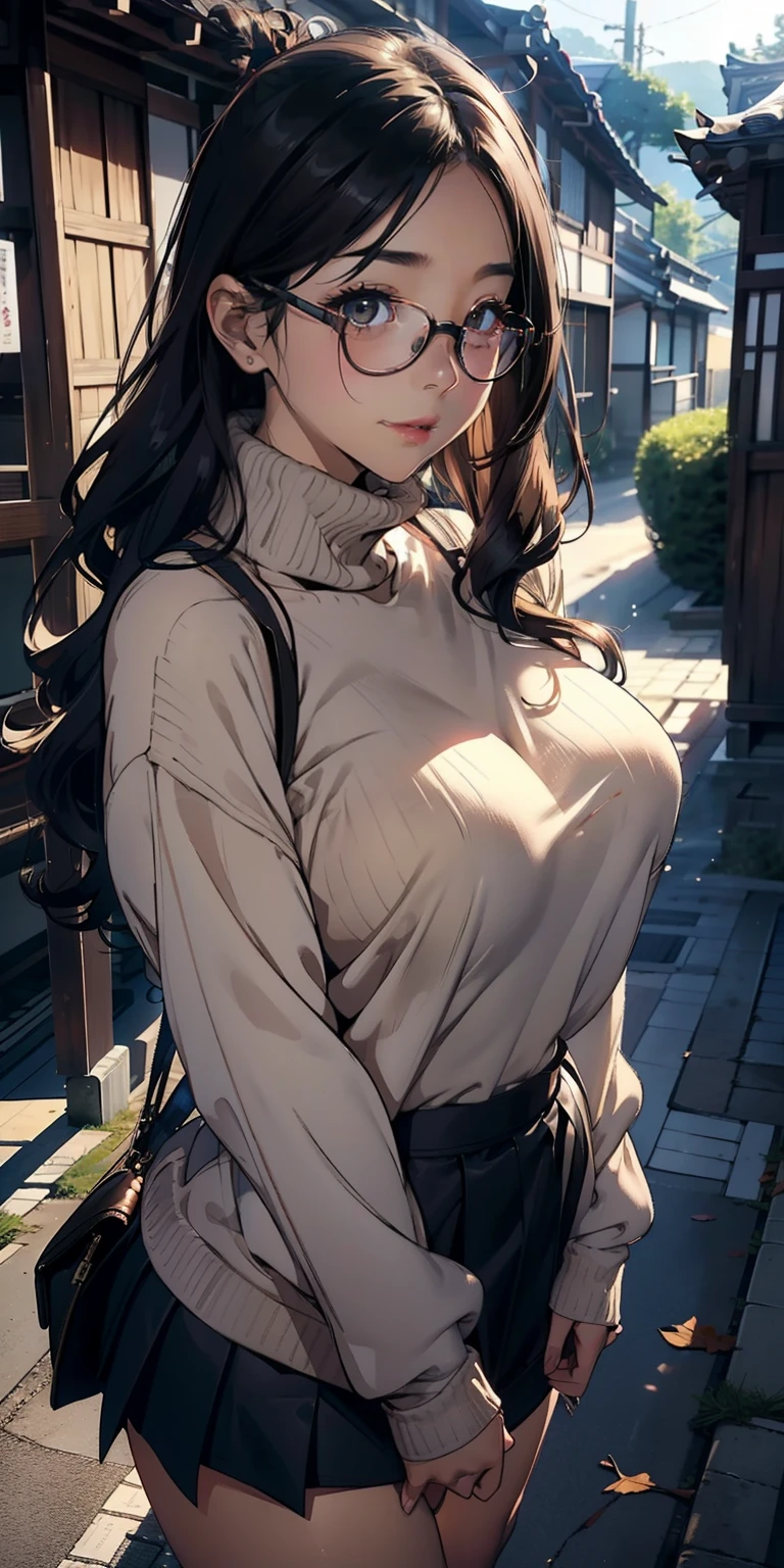 masutepiece, Best Quality, a 25yo woman、((waved hair、Long Black Hair))、Detailed background, 耳Nipple Ring、governess, Light pink knitwear, darkblue pleated skirt, breasts of medium size,、Puffy nipple、 Blushing, Shy laughter, Bare shoulders, , Slouched、Kamimei、school classrooms