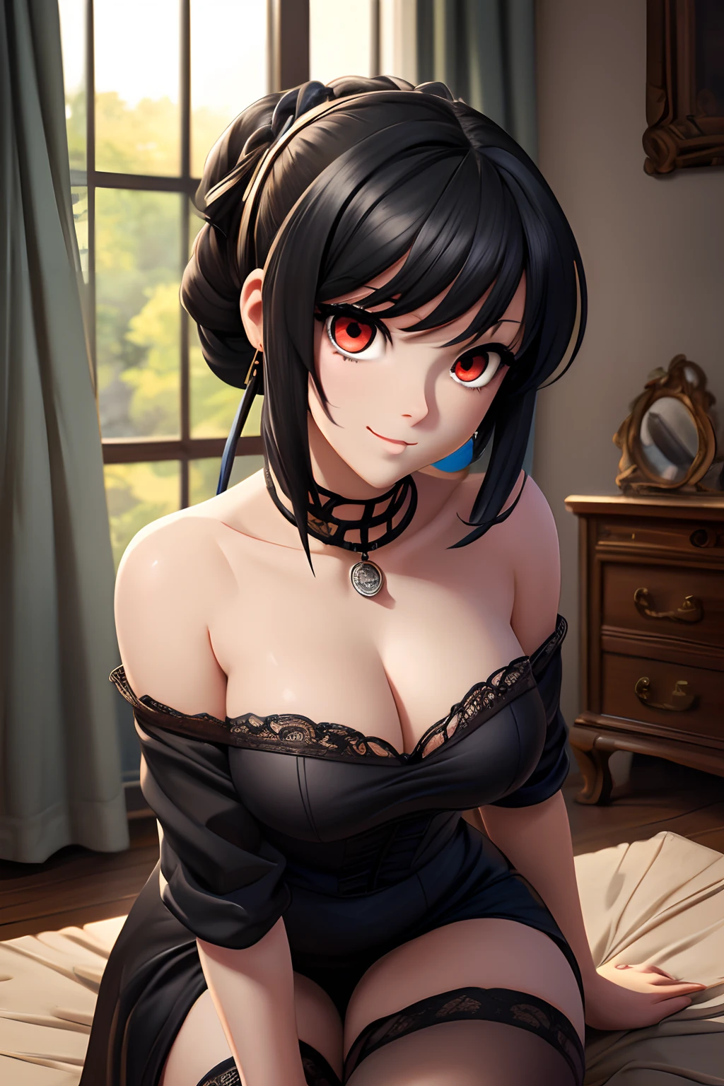 ((ultra quality)), ((tmasterpiece)), Yor Forger, ((black hair with Yor Forger hair clips)), Beautiful cute face, Charming, ((sexy facial expression)), is looking at the camera, ((Skin color: white)), Body glare, ((Beautiful Female Eyes)), ((red-eyes)), ((Perfect Sexy Figure)), Ideal body shapes, big thighs, ((Subtle and beautiful)), Sexy Sitting Position, ((black clothing by Yor Forger)), background: Victorian house, Depth of field, ((clear image)), ((crisp details)), Realistic, Professional Photo Session, ((Clear Focus)), ((cartoon)), the anime, NSFW
