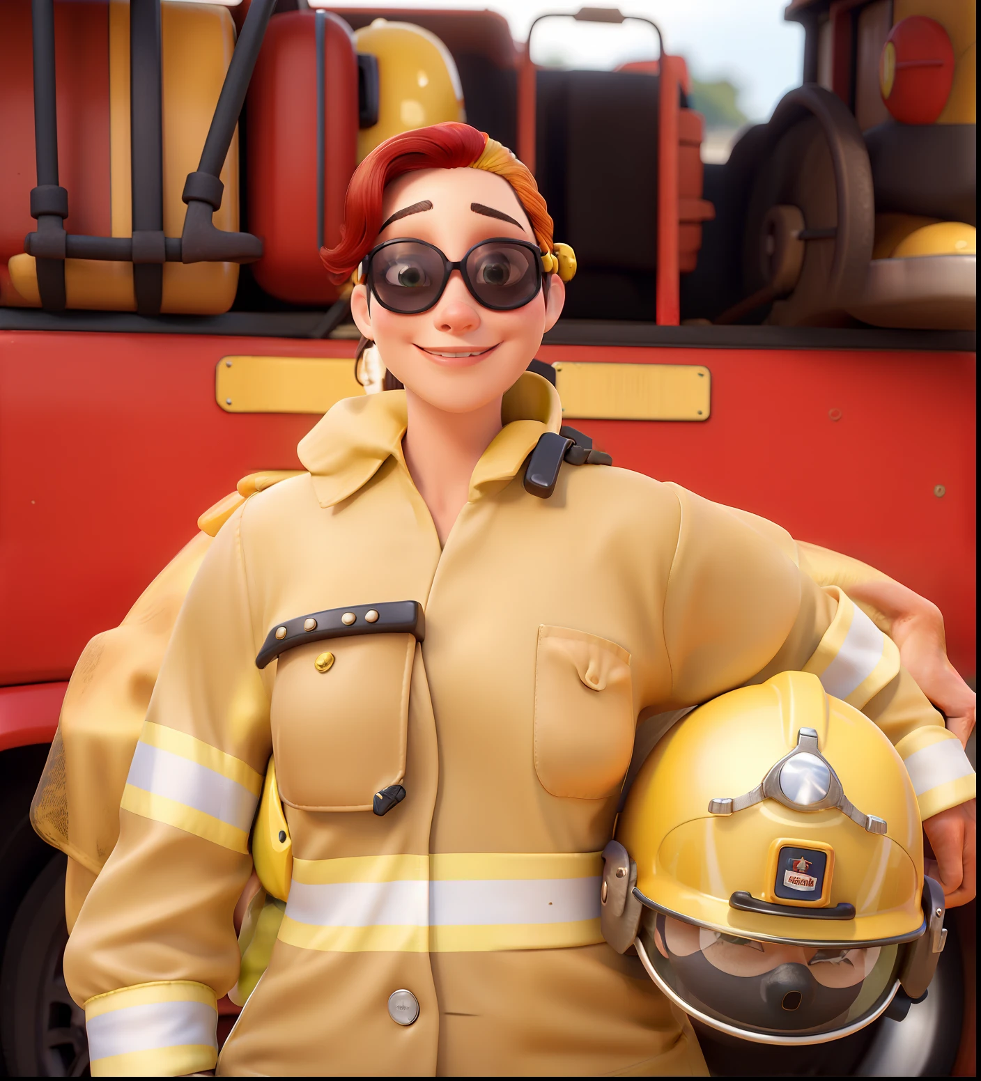 Obra-prima, de melhor qualidade, mulher branca com cabelos pretos presos, Wearing sunglasses. Dressed in fireman's clothing and holding yellow helmet under her arm. Dia se sol