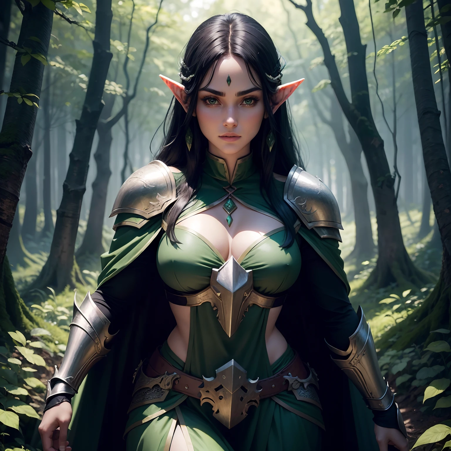 beautiful forest elf, pretty face, nice body, black hair, wearing armor, green cape, in a forest, 8k, extremely detailed, ultra realistic