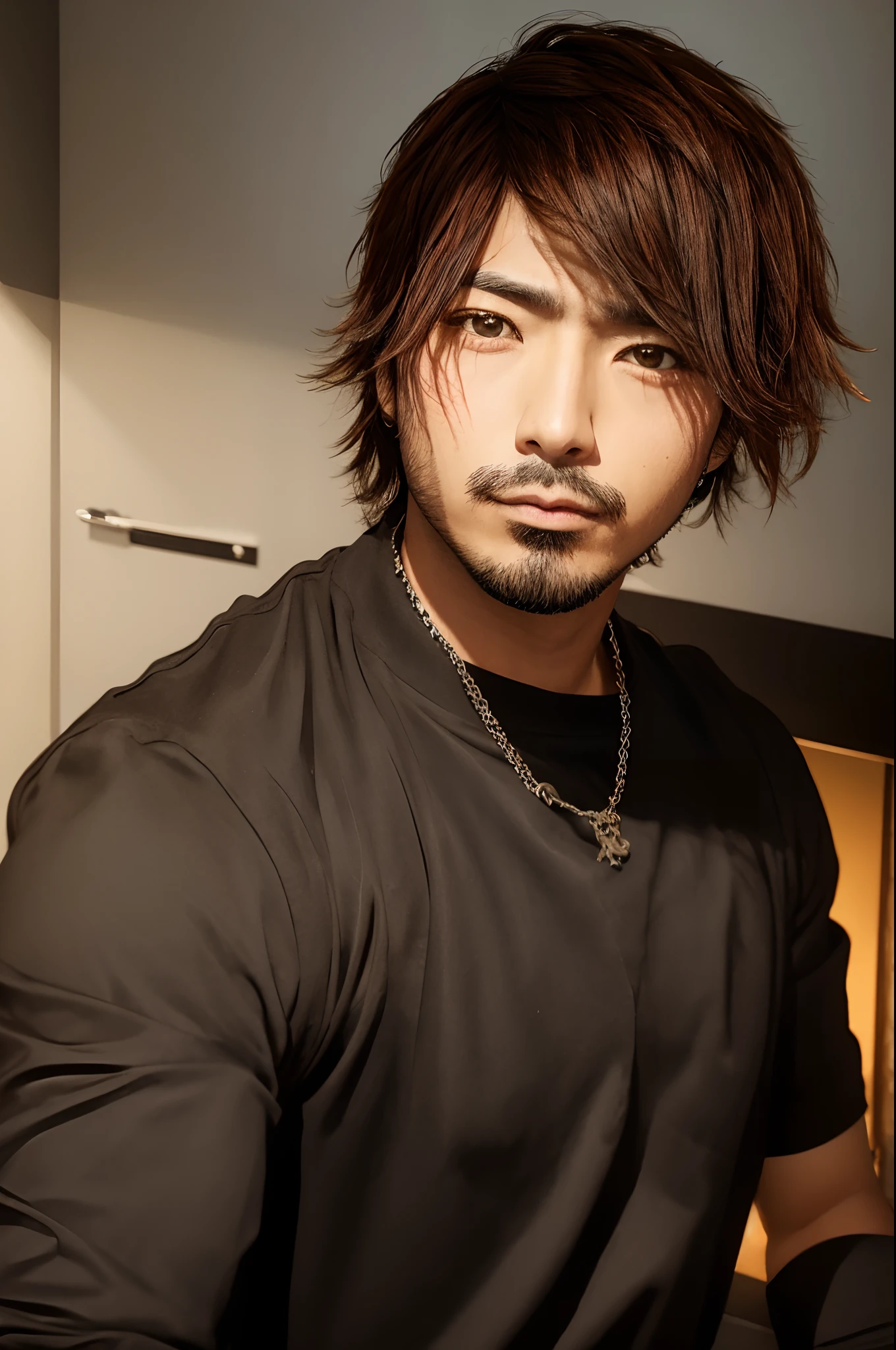 lips, necklace, beard, brown hair, shirt, parted lips, stubble, man, brown eyes, ryo, mole, ryo2023, ryoignitionera
