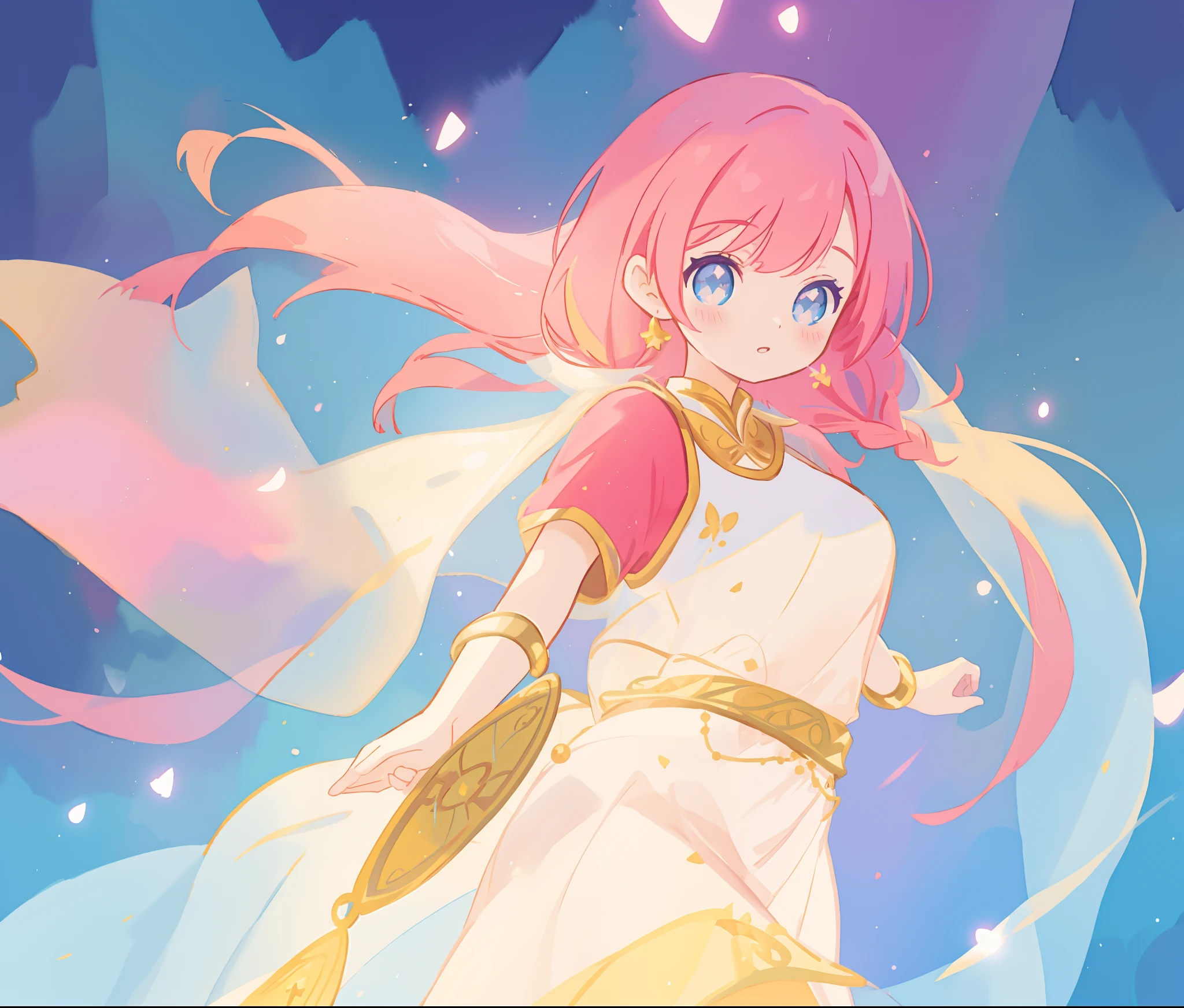 beautiful girl in white arabian two-piece dress, (arabian princess), (arabian dancer), (fantasy arabian dress),long colorful sparkling pink hair, watercolor illustration, Lois van Baarle, glowing aura around her, Glen Keane, jen bartel, glowing hair, beautiful digital illustration, fantasia background, beautiful, masterpiece, best quality, anime disney style, (detailed eyes), golden ratio, perfect composition