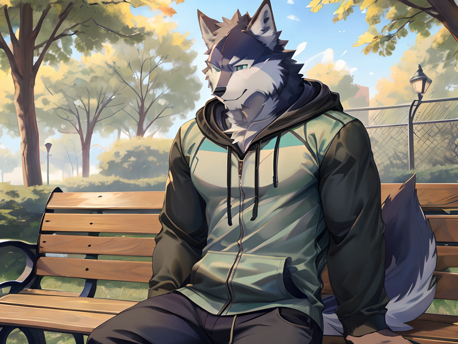 Best quality, Solo, Shoichi Urata, Furry Wolf, Dark Fur, Green eyes, Medium Muscular Body, Handsome, Good Looking, Hoodie, Casual shirt, Cool Pose, Fierce, Smiling, Sitting, Bench, Park Background.