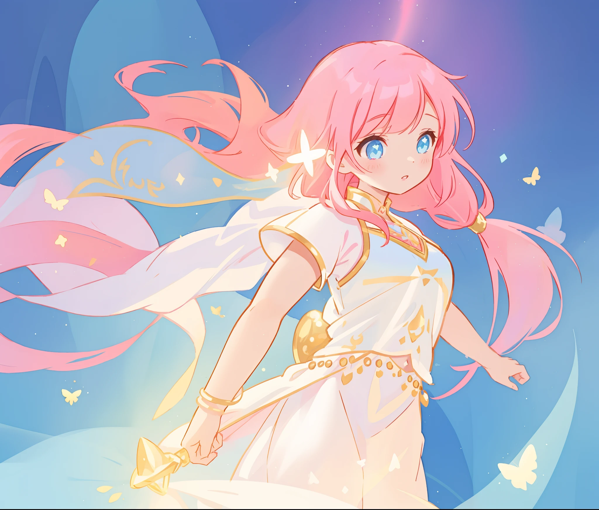 beautiful girl in white arabian two-piece dress, (arabian princess), (arabian dancer), (fantasy arabian dress),long colorful sparkling pink hair, watercolor illustration, Lois van Baarle, glowing aura around her, Glen Keane, jen bartel, glowing hair, beautiful digital illustration, fantasia background, beautiful, masterpiece, best quality, anime disney style, (detailed eyes), golden ratio, perfect composition