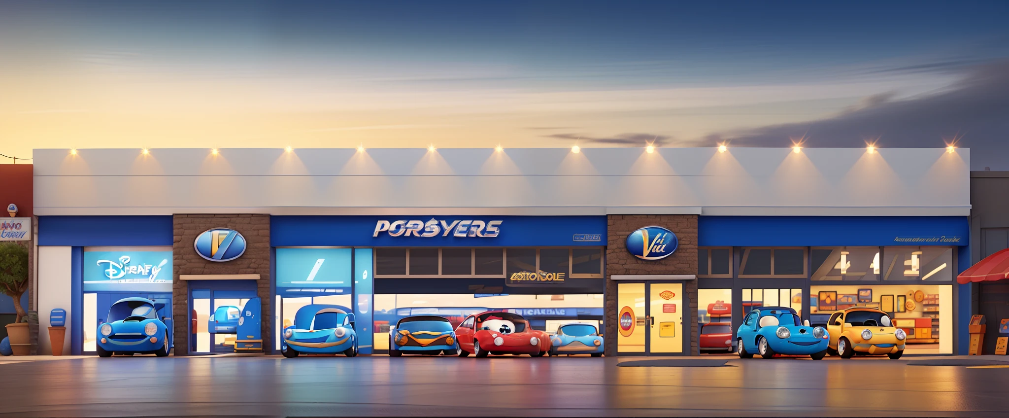 Create a Disney Pixar-style poster of a car shop called Only Vehicles in Portuguese on top of a blue sparkle, com o logo de um S deitado com uma porshe vermelha na frente da loja
