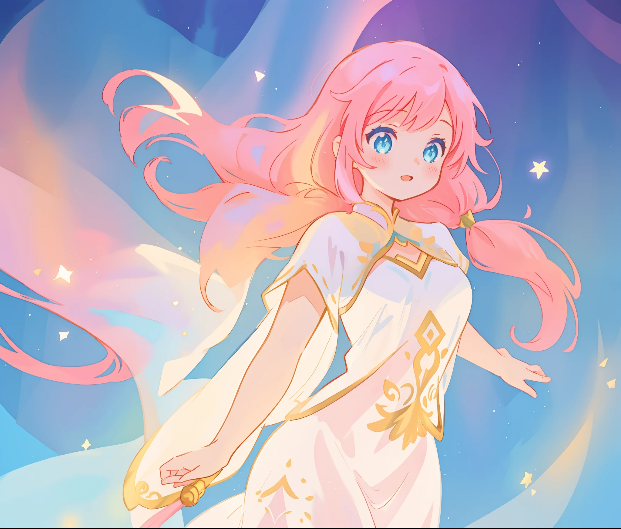beautiful girl in white arabian two-piece dress, (arabian princess), (arabian dancer), (fantasy arabian dress),long colorful sparkling pink hair, watercolor illustration, Lois van Baarle, glowing aura around her, Glen Keane, jen bartel, glowing hair, beautiful digital illustration, fantasia background, beautiful, masterpiece, best quality, anime disney style, (detailed eyes), golden ratio, perfect composition
